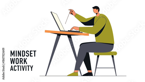 Man working on laptop at desk, focused on digital task, minimalist illustration