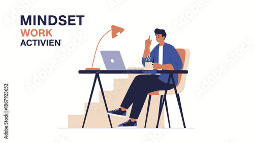 Man working on laptop at desk, focused, idea, modern office illustration