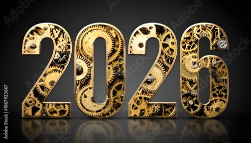 Metallic 2026 numerals filled with complex golden clockwork gears