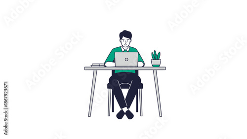 Man Working on Laptop at Desk, Freelance Remote Work, Home Office Concept