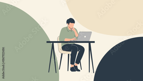 Man working on laptop at desk, minimalist flat illustration with organic shapes