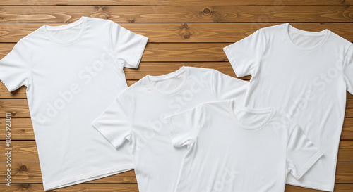 Four blank white tshirts laid out on a rustic wooden table surface for mockup or display