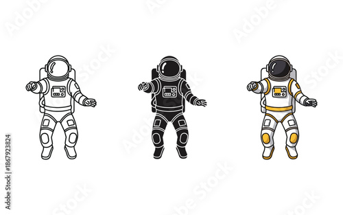 Three astronauts in different colored spacesuits standing with arms outstretched