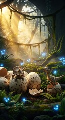 Dinosaur Hatchlings Emerging in a Lush Prehistoric Jungle.
