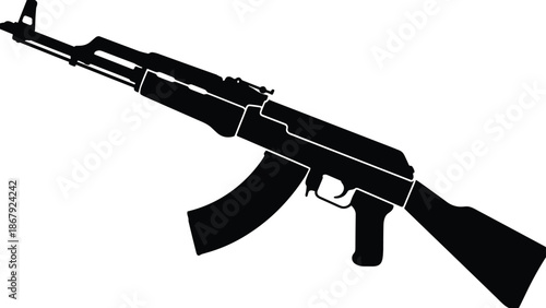 Black assault rifle silhouette icon, automatic firearm vector illustration isolated on white background for military security defense design projects usage
