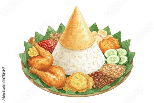 watercolor indonesian nasi tumpeng illustration