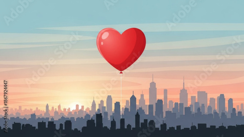 A heart shaped red balloon floating above a city skyline at sunset with a pastel colored sky with love and romance and valentine and urban and landscape