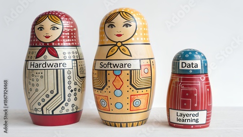 Set of painted nesting dolls representing software layers