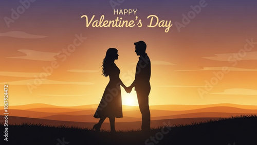 Silhouette of a loving couple holding hands against a beautiful sunset with a happy valentines day message with valentine s day and love and romance
