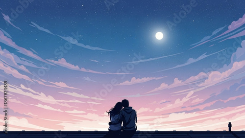 Couple sitting on rooftop looking at beautiful starry night sky with full moon and pink clouds romantic evening scene with love and relationship