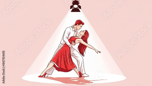A romantic couple dancing under a spotlight in a charming elegant scene with dancing under spotlight and love and dance and romance and couple in love