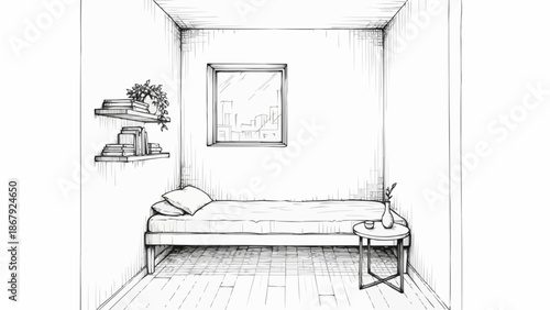 Simple Bedroom Sketch with Bed and Window.