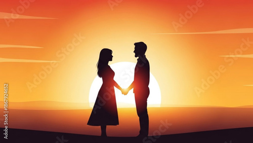 Silhouette of romantic couple holding hands against vibrant orange sunset with bright sun with love and couple in love and hand in hand and romance