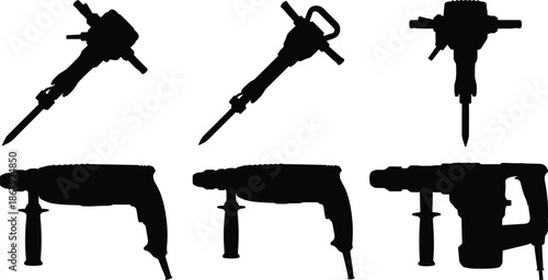 Black construction power tool silhouettes set, jackhammer drill hammer icons isolated on white background for industrial work design illustration vector