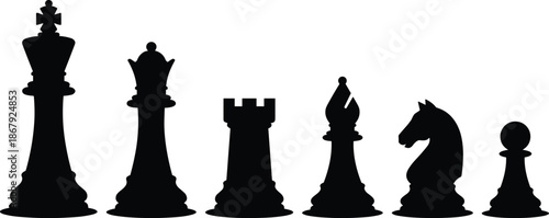 Black chess piece silhouettes set, king queen rook bishop knight pawn icons isolated on white background strategy game design vector