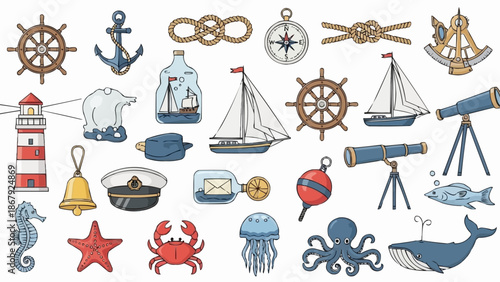 Nautical elements and sea creatures illustration collection.