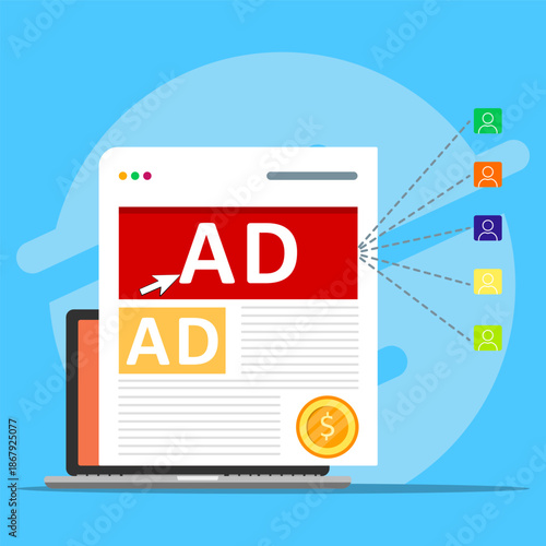 Online advertising concept showing targeted digital ads reaching specific audiences, representing marketing strategy, audience segmentation, ad placement, and monetization through online campaigns.