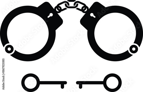 Black handcuffs and keys silhouette icon, police arrest symbol vector isolated on white background for law enforcement, justice, security design