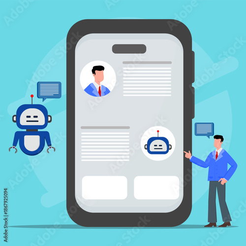 AI chat assistant on smartphone screen concept, showing virtual chatbot conversation, smart customer support, mobile messaging interface, and artificial intelligence communication technology.