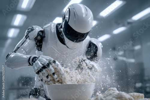Photo of Humanoid Robot in Kitchen with Explosive Flour Burst High Speed Photography