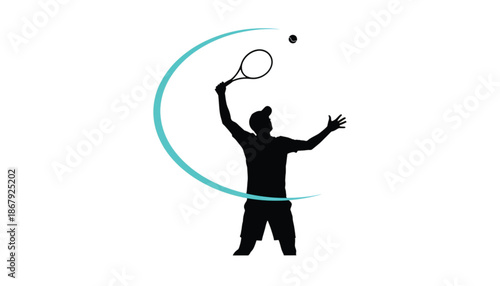 Tennis Player Serving Ball with Racket Silhouette