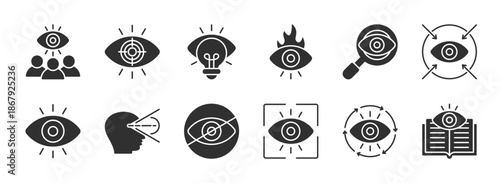 Vision glyph style editable icon set collection. Contain icons related to Vision, Eye, look, perspective, binocular, and more. Editable stroke. Vector illustration eps 10