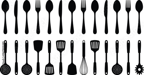 Black kitchen utensil silhouettes set, cutlery icons collection, spoons forks knives spatulas ladles whisks isolated on white background for design