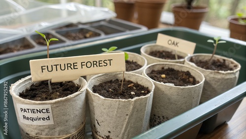 Young seedlings growing in paper pots indoors