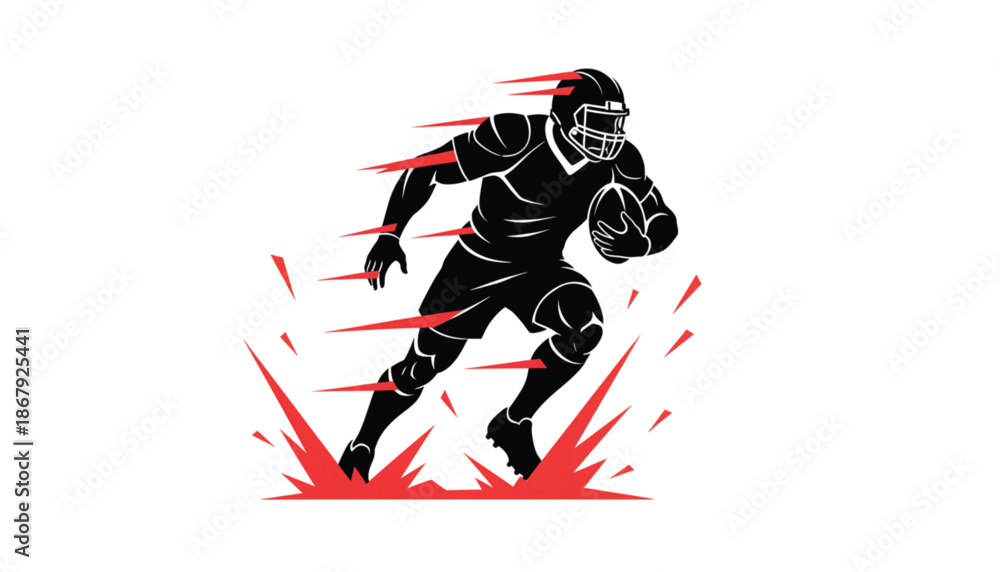 Fototapeta premium American football player running with ball, dynamic sports mascot vector illustration, black silhouette with red speed lines and splash effect