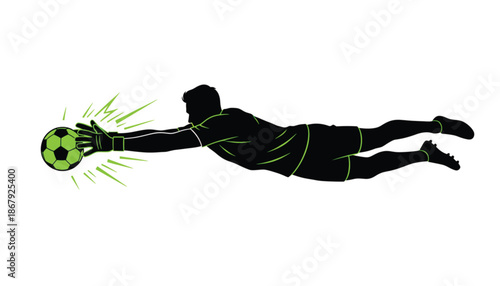 Soccer Goalkeeper Diving Catching Ball Silhouette with Green Lines