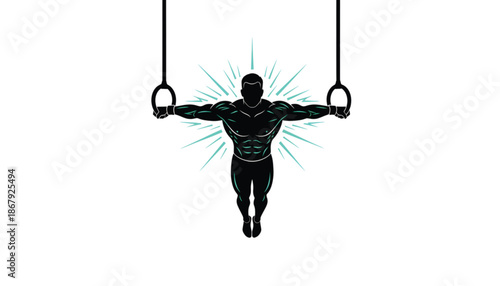 Muscular Man Exercising on Gymnastic Rings with Blue Glow