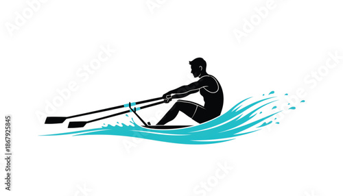 Rowing Athlete Sitting Rowing on Water with Oars