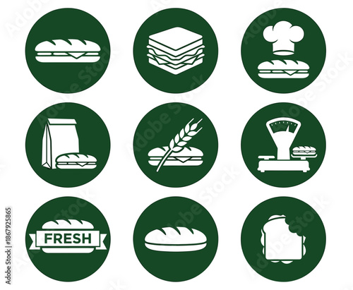 Set of white vector sub sandwich icons in green circles featuring baguette, fresh bakery scale, wheat and chef hat for deli or food packaging design symbols.