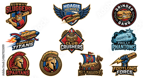 Aggressive vector sub sandwich esports logo mascots and sports team badges featuring gladiators, ships and lightning bolts for gaming or club identity.