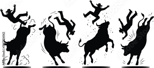 Bull riding silhouette sequence of cowboy thrown off bucking bulls, rodeo action poses, western extreme sport illustration black white vector