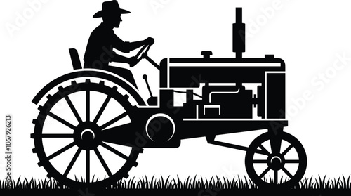 Farmer tractor silhouette driving vintage agricultural machine, rural farming lifestyle, countryside work tradition, classic equipment vector illustration black white design