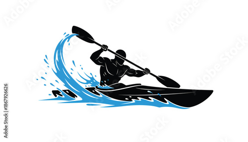 Kayaker Paddling Fast on Water Wave