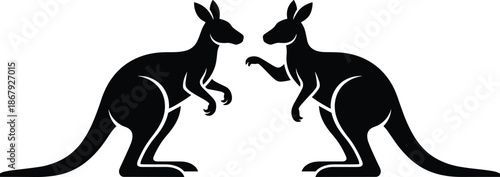 Kangaroo silhouettes illustration, pair of Australian marsupials facing each other isolated on white background for wildlife nature animal design vector