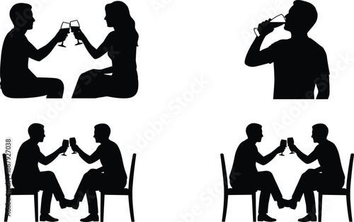 People drinking wine silhouettes set, couples toasting glasses and man drinking beverage icons isolated on white background illustration vector design
