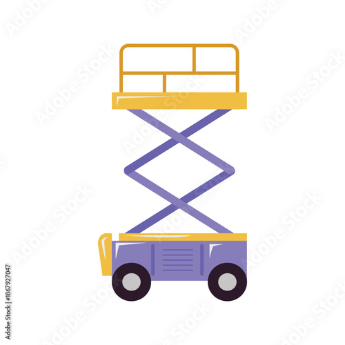 Purple wheeled scissor lift with yellow elevated platform.