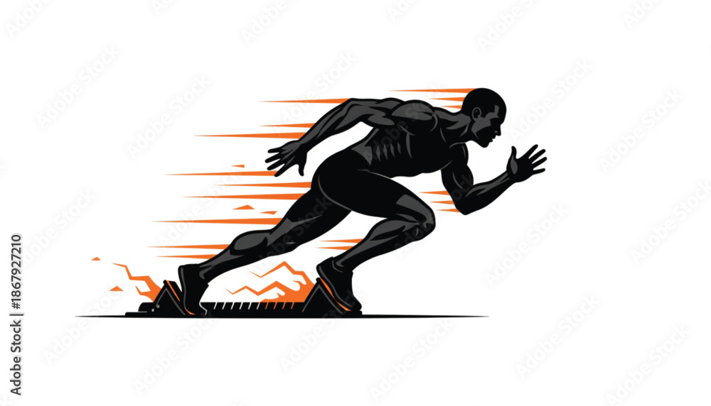 Fototapeta premium Dynamic sprinter silhouette launching from starting blocks, athletic runner vector illustration, fast speed track and field sports graphic