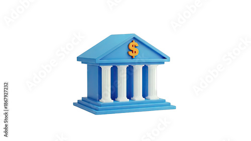 Stylized Blue Bank Building with Dollar Sign and Columns
