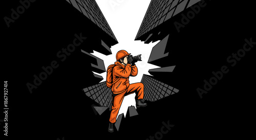 A focused photographer in an orange suit and hard hat captures the imposing, modern architecture of towering city skyscrapers, framed by a dramatic urban canyon.