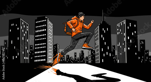 A dynamic young man in an orange hoodie leaps across a stark, illuminated path through a dark, modern city at night, symbolizing progress and urban adventure.