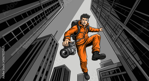 A dynamic illustrator captures a young photographer in an orange jumpsuit, leaping between towering grayscale city skyscrapers with his camera, embodying urban adventure.