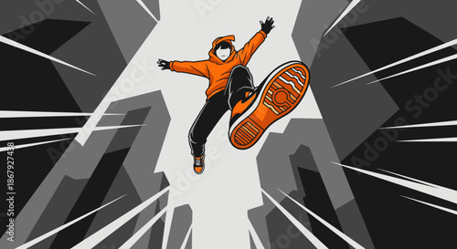 Dynamic illustration of a person in vibrant orange streetwear performing an energetic mid-air jump above a stylized urban cityscape, conveying freedom and motion.