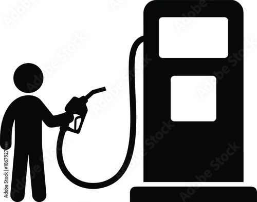 Person refueling vehicle silhouette icon, fuel pump gas station symbol isolated on white background for transportation energy service design illustration
