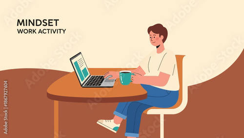 Man working on laptop holding coffee mug, flat design illustration, focus on mindset