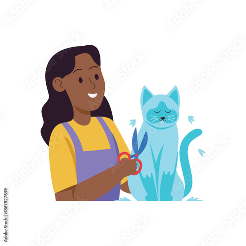 Smiling Woman Grooming Blue Cat with Scissors.