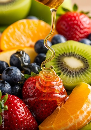 Glistening honey over diverse fresh fruits create tempting breakfast item